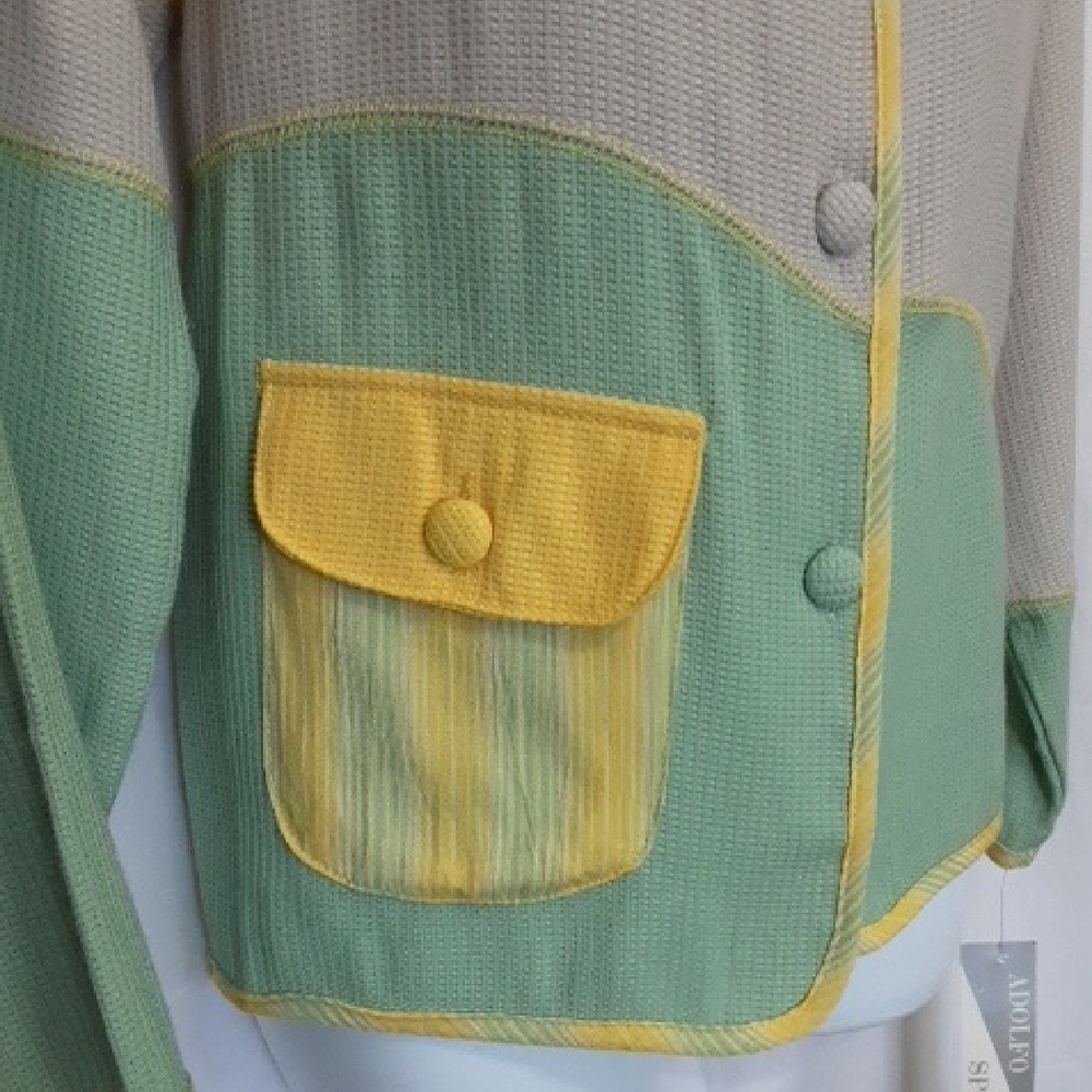 Adolfo Colorblock Knit Cardigan in Sage, Yellow & Taupe - Picture 5 of 6